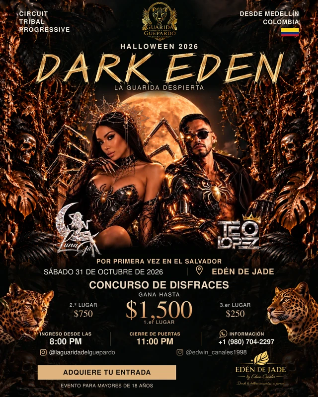 Flyer oficial de Dark Eden: Luna Gil y Teo López, 31 de octubre de 2026 en Edén de Jade; concurso de disfraces.