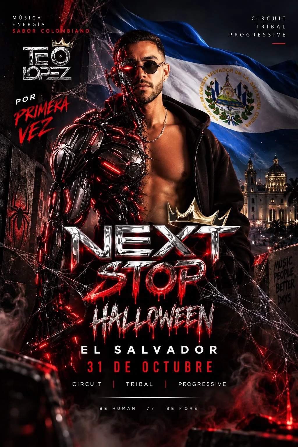 Flyer oficial de Teo López para Halloween en La Guarida, 31 de octubre en El Salvador.