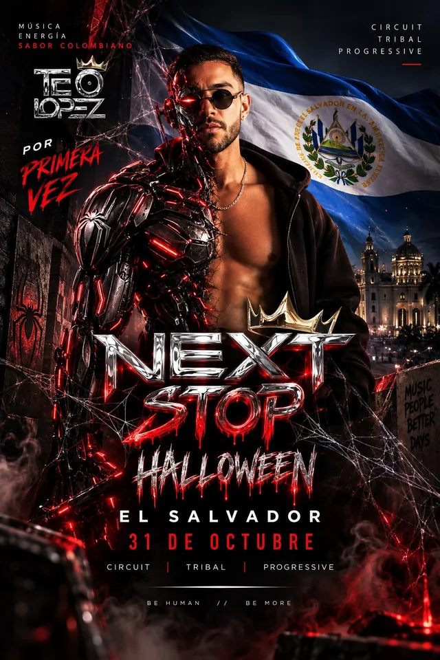 Flyer oficial de Teo López para Halloween en La Guarida, 31 de octubre en El Salvador.